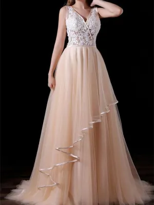 A-line V-neck Sweep Train Tulle Appliqued Prom Dresses ASD2624