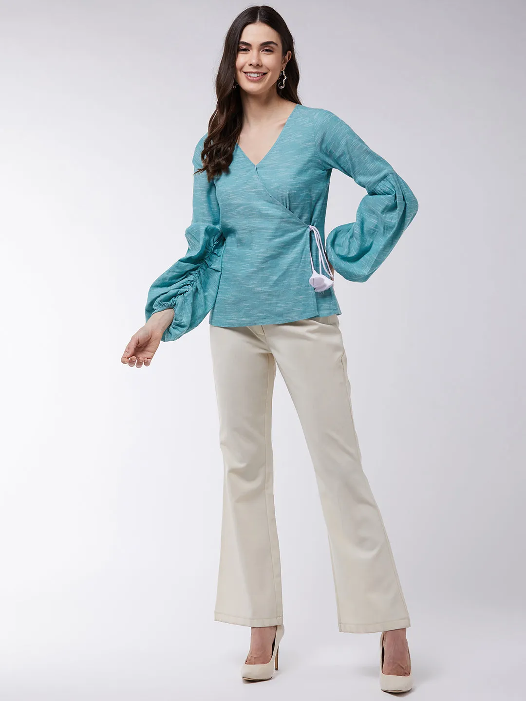 Angarkha Style Extended Puff Sleeve Chambray Top