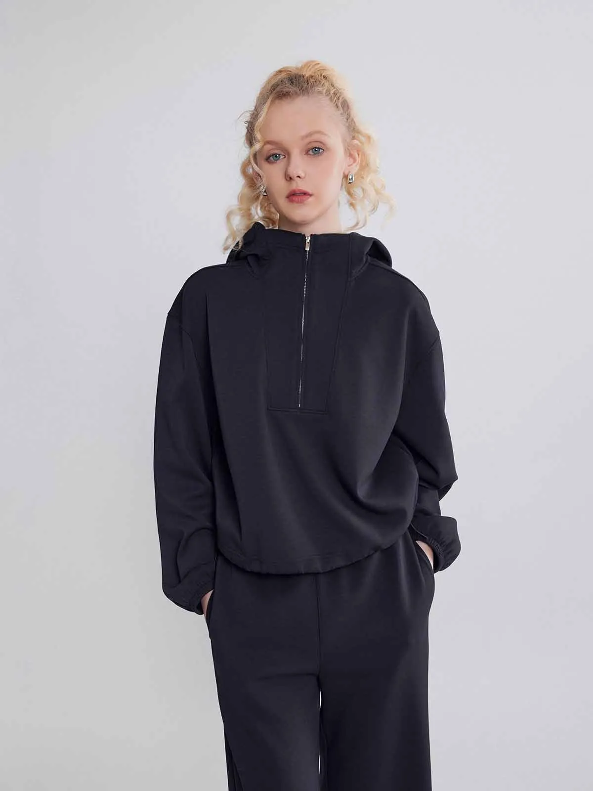 ASOBIO Cozy Drop Shoulder Half-Zip Pullover Hoodie