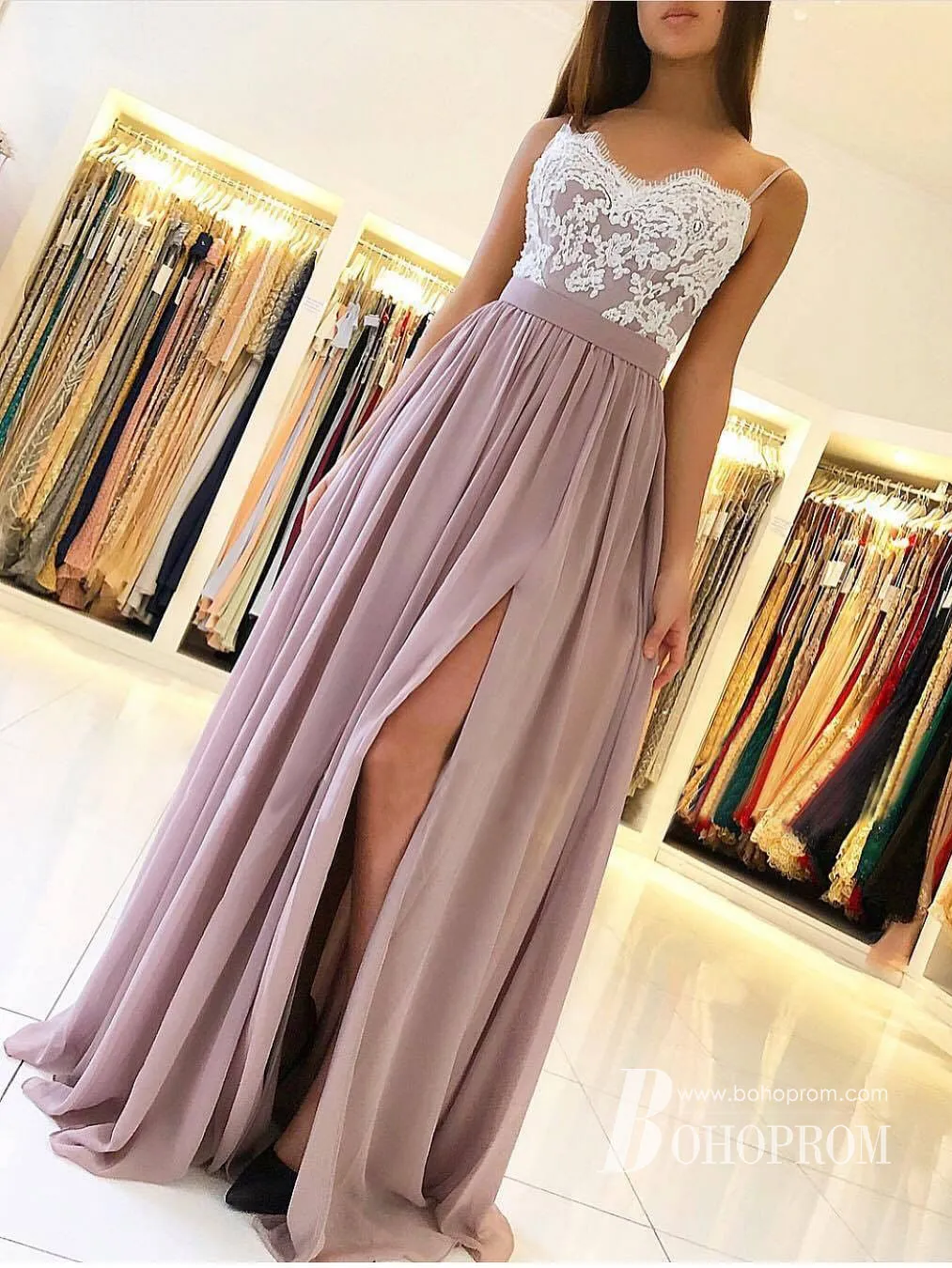 Attractive Chiffon Appliques A-line Prom Dresses Spaghetti Straps Dresses PD317