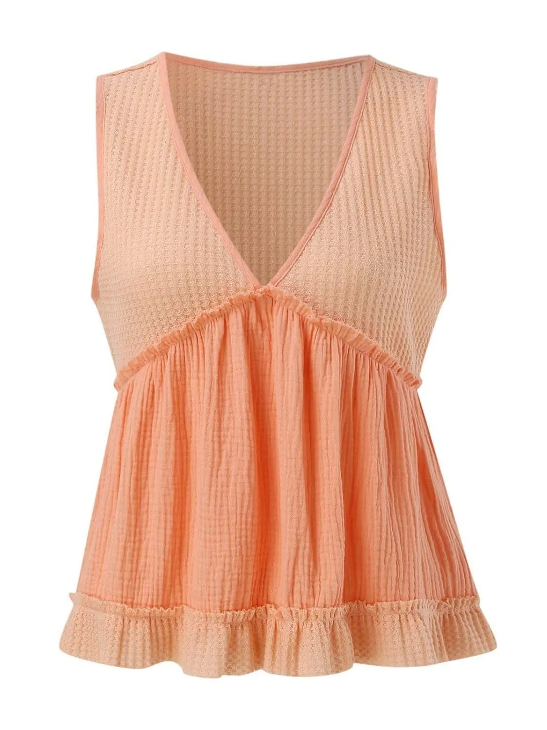 Becca Waffle-Knit Frill V-Neck Tank