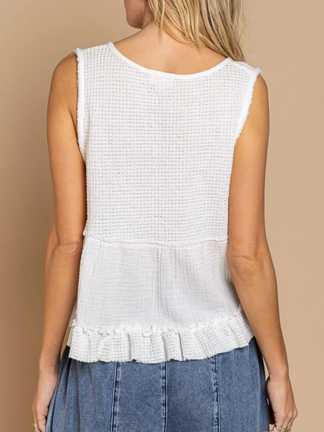 Becca Waffle-Knit Frill V-Neck Tank