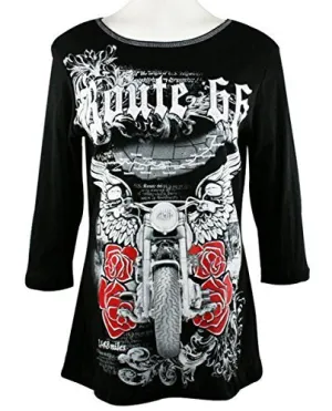 Big Bang Clothing Route 66 Bike Wings, 3/4 Sleeve, Scoop Neck Rhinestone Top