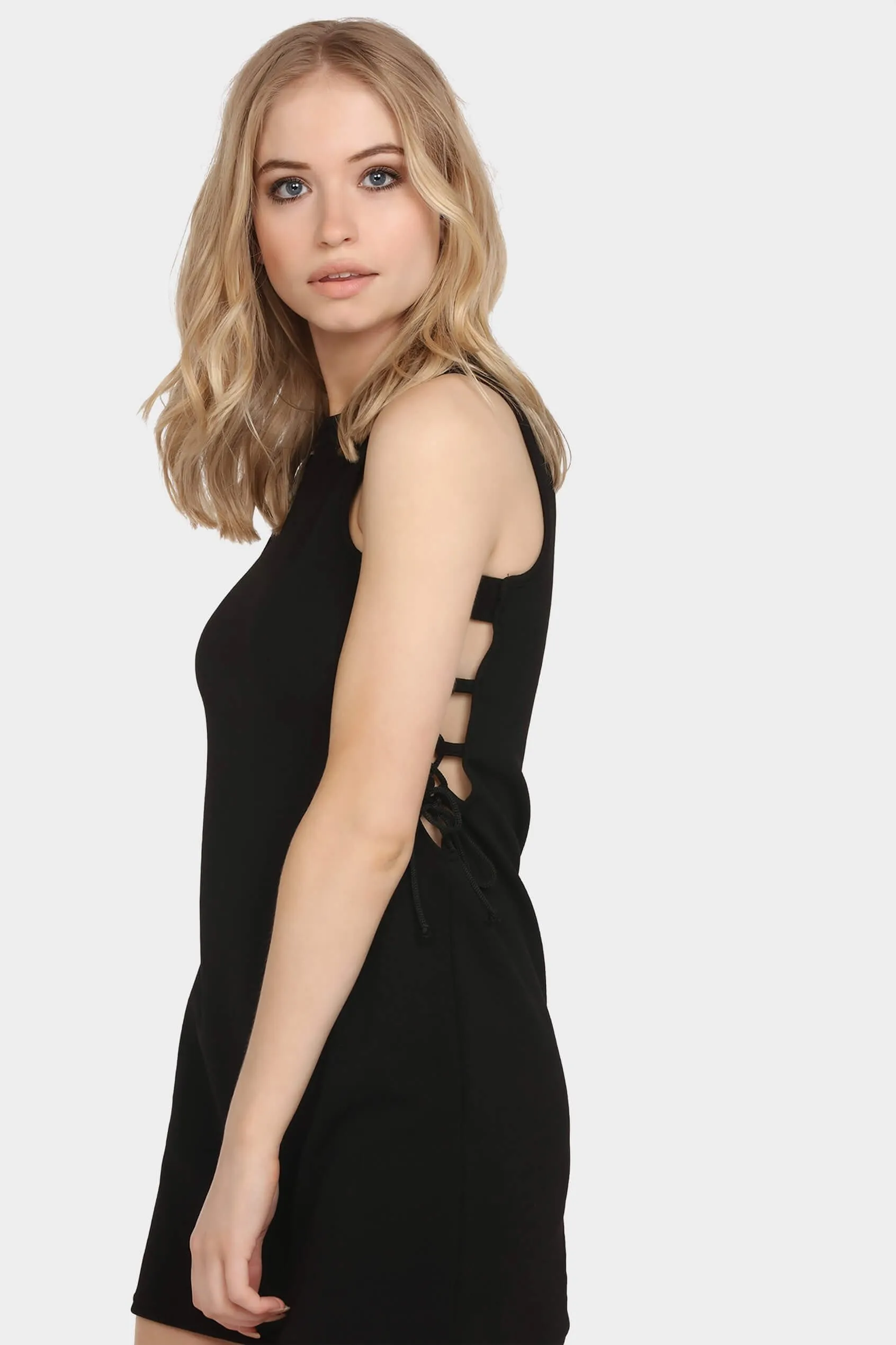 Black Lace Up Textured Shift Dress