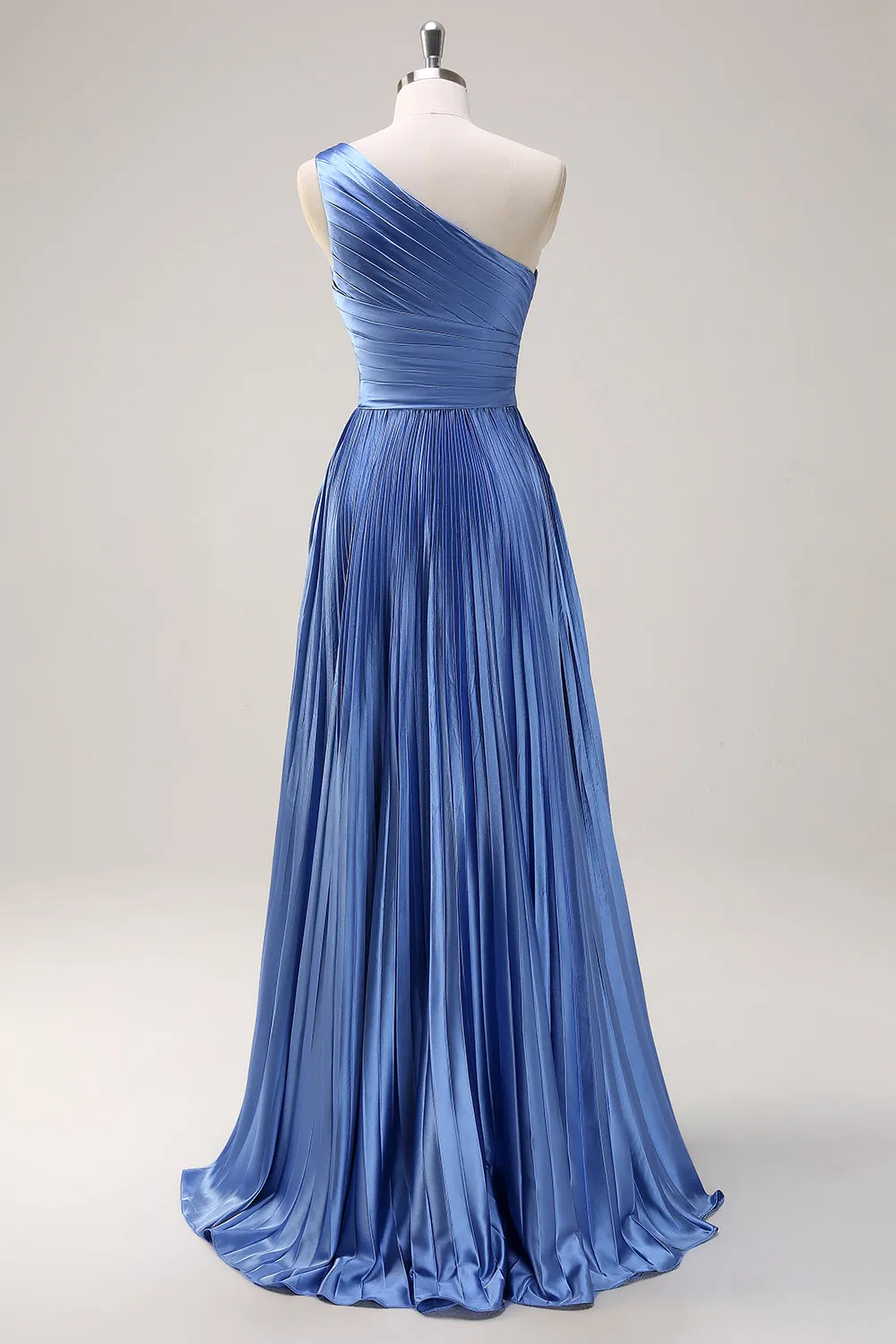 Blue A Line Pleated One Shoulder Bridesmaid Dress with Slit