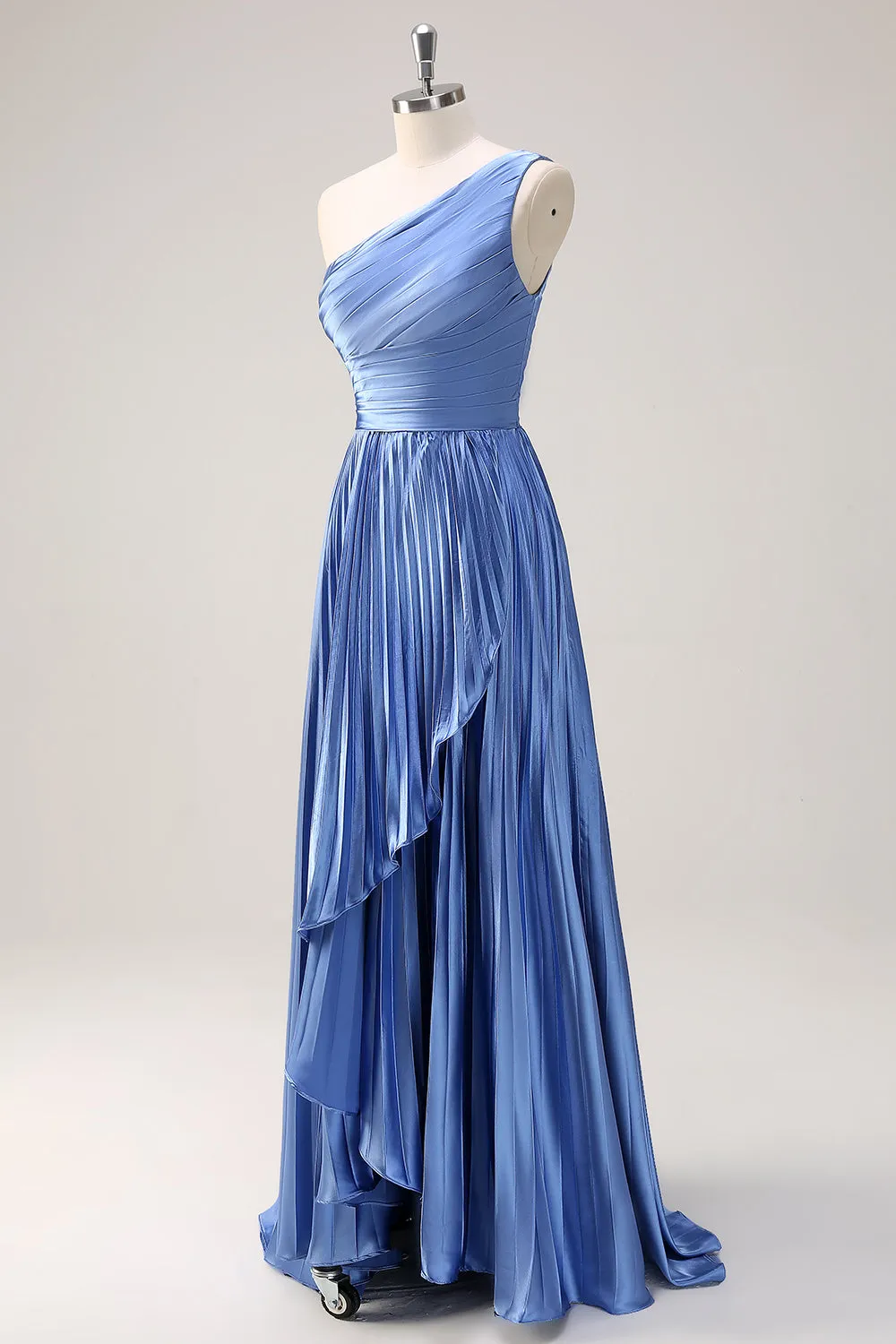 Blue A Line Pleated One Shoulder Bridesmaid Dress with Slit