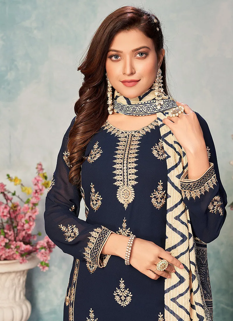 Blue Georgette Pants Style Suit