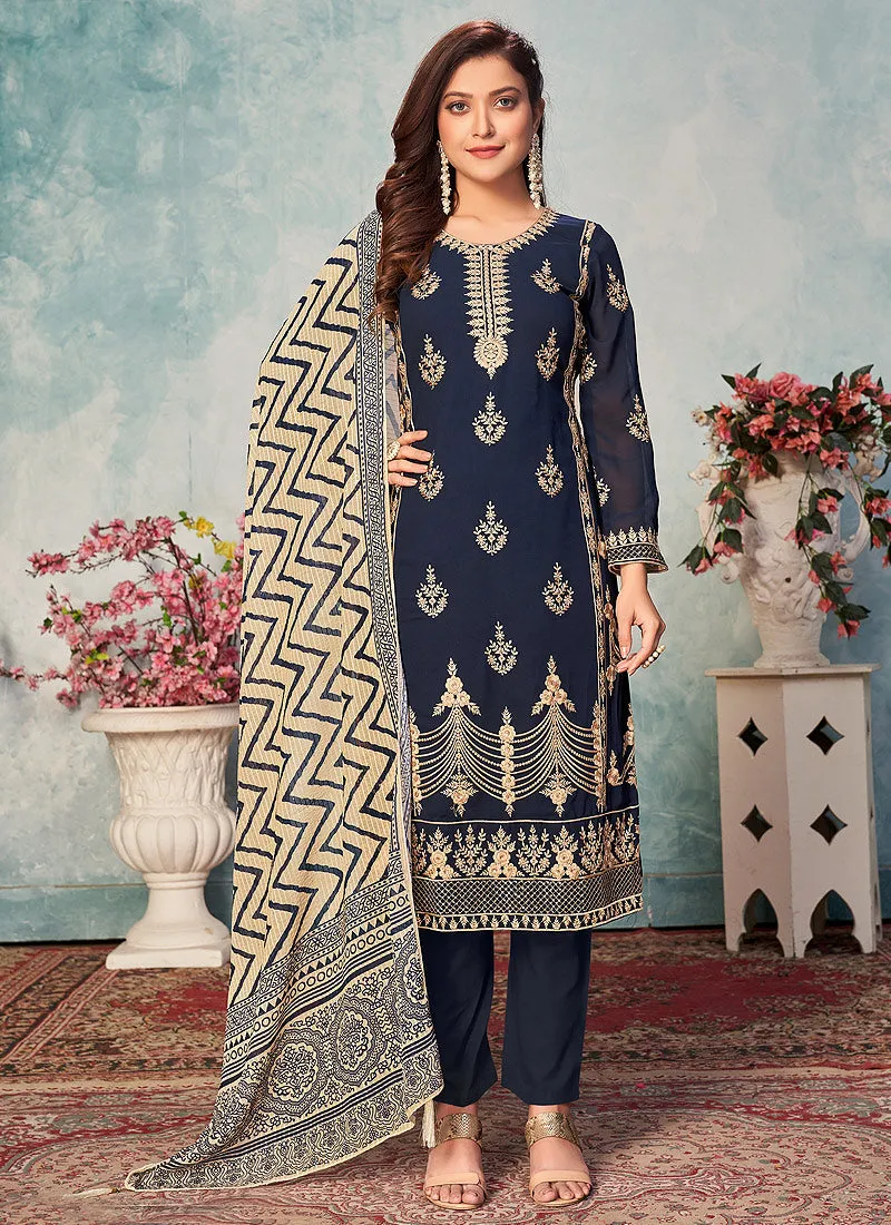 Blue Georgette Pants Style Suit