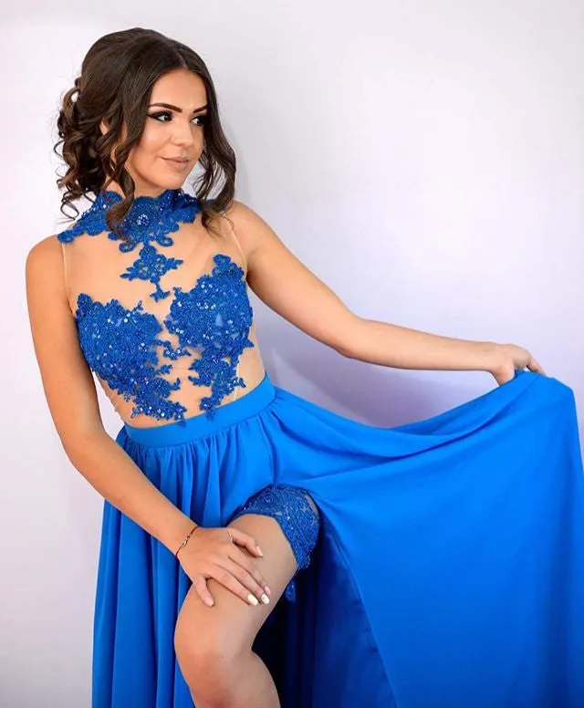 Blue Sexy See-Through Tulle Lace Appliques With Sequins High Neck  Side Slit Prom Dresses ,PD00032