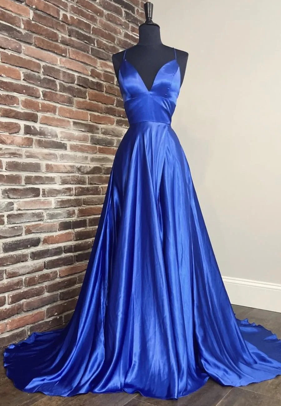 Blue V-Neck Satin Long Prom Dresses Simple Evening Dresses