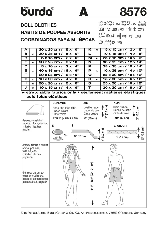 Burda 8576 Doll Clothes Sewing Pattern