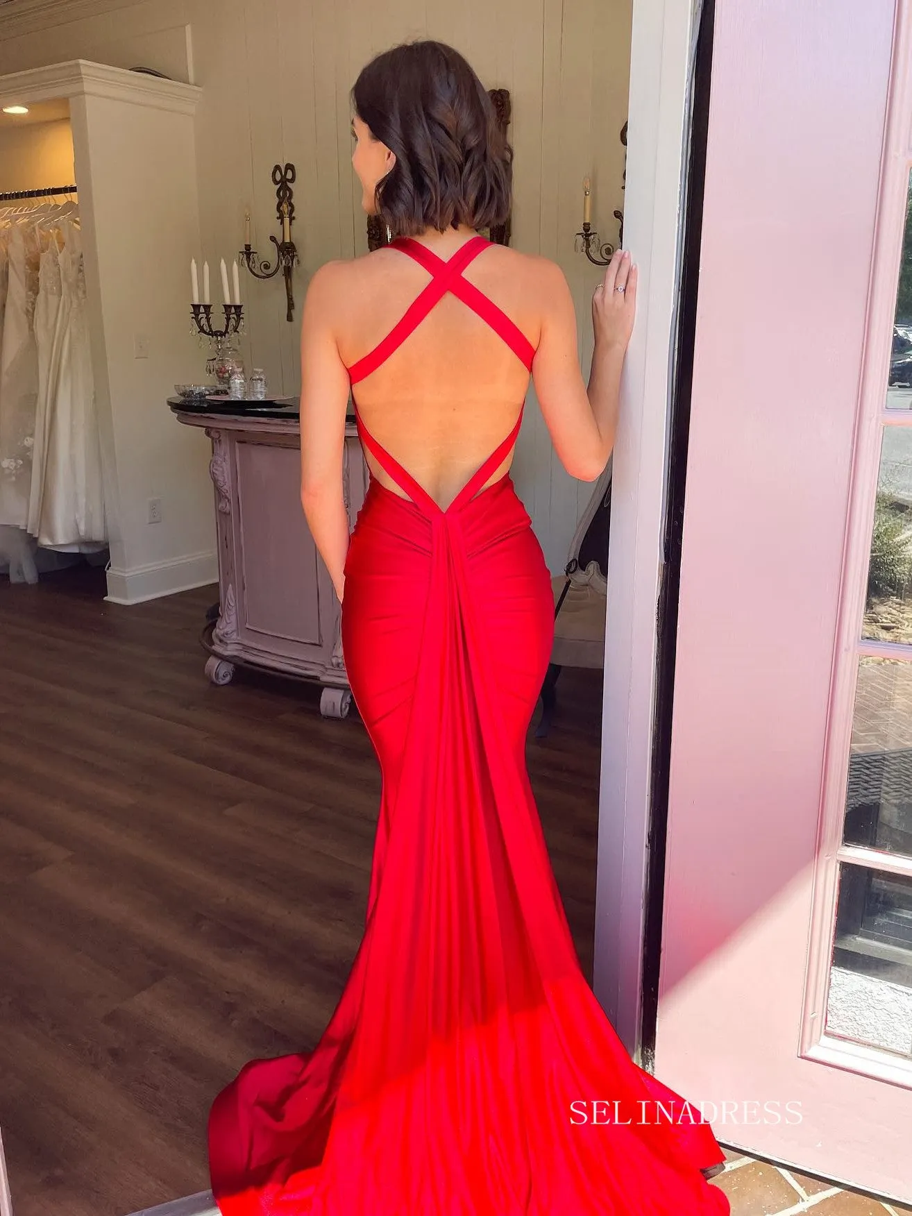 Chic Elegant Mermaid Long Prom Dresses Red Simple Evening Dress sew0310