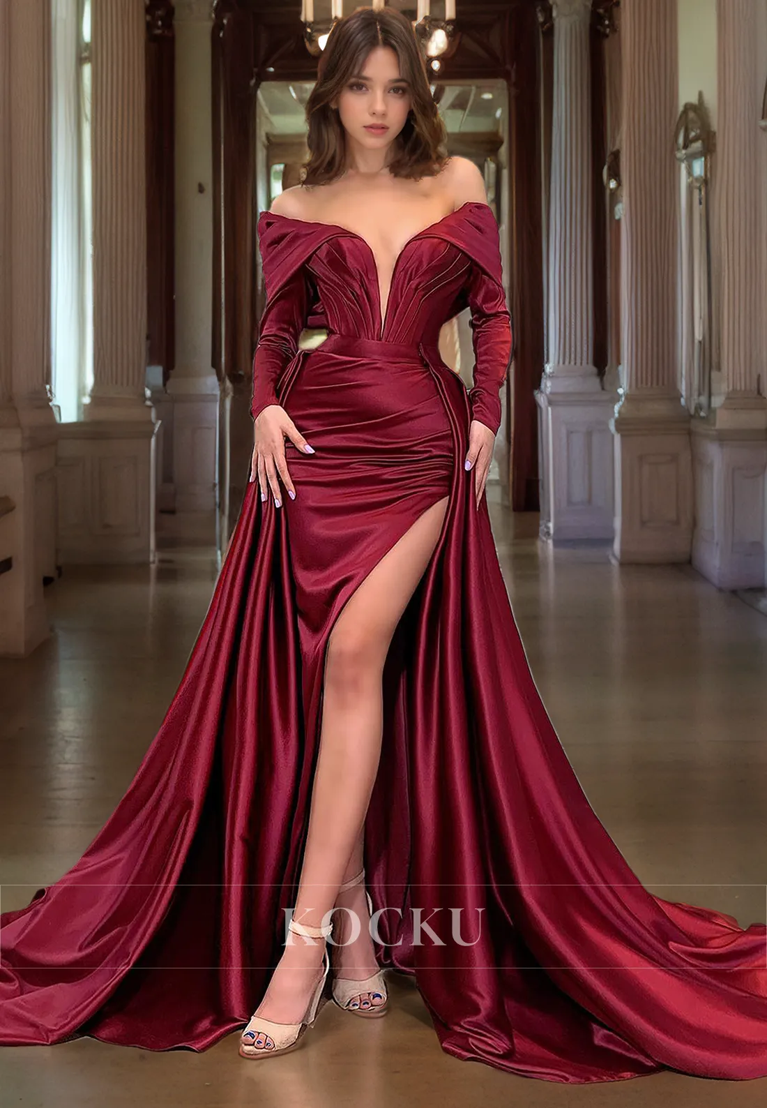 Classic & Timeless V-Neck Long sleeves Sheath Split Satin Evening Party Prom Dress