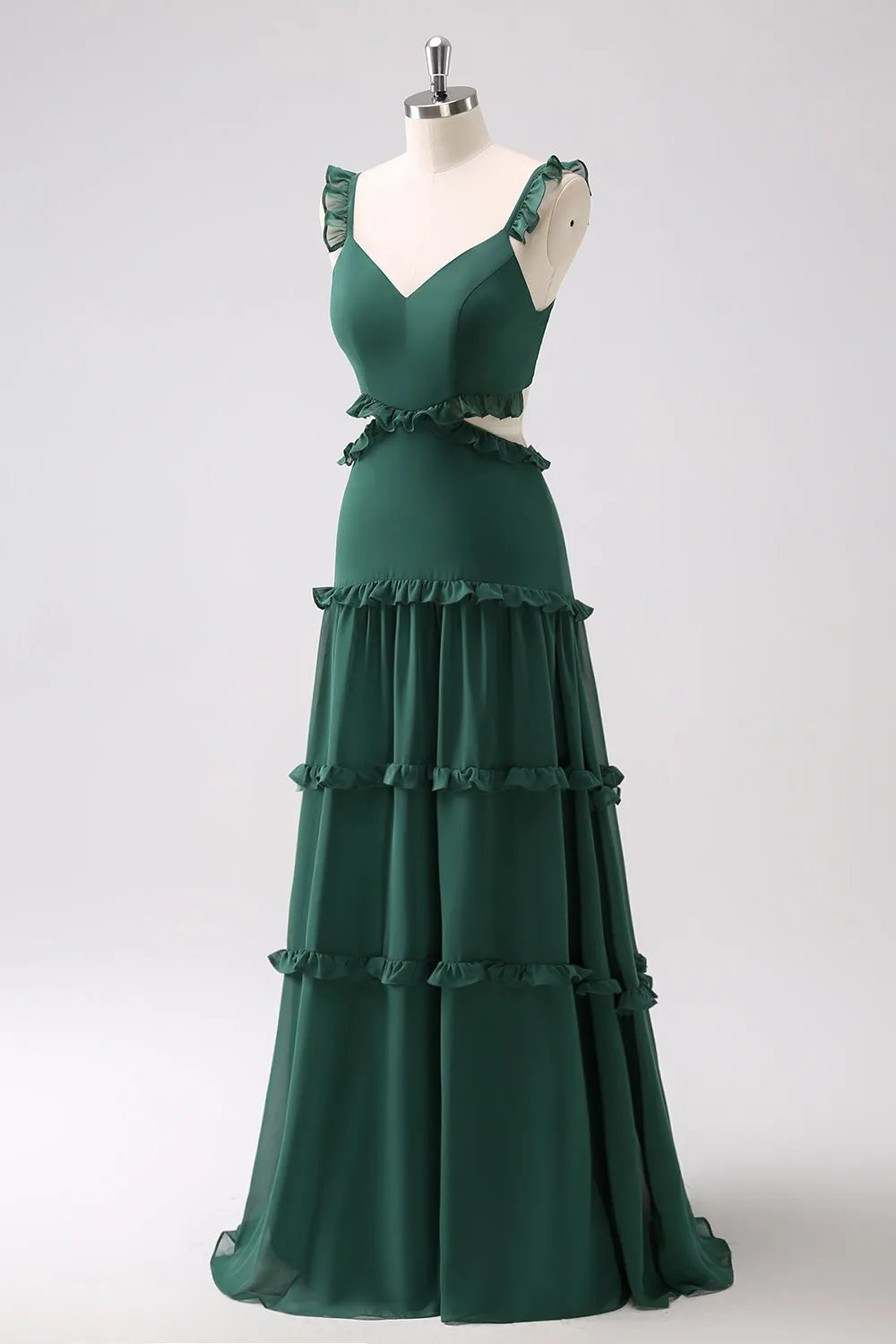 Dark Green A Line Hollow Out Ruffled Maxi Bridesmaid Dress