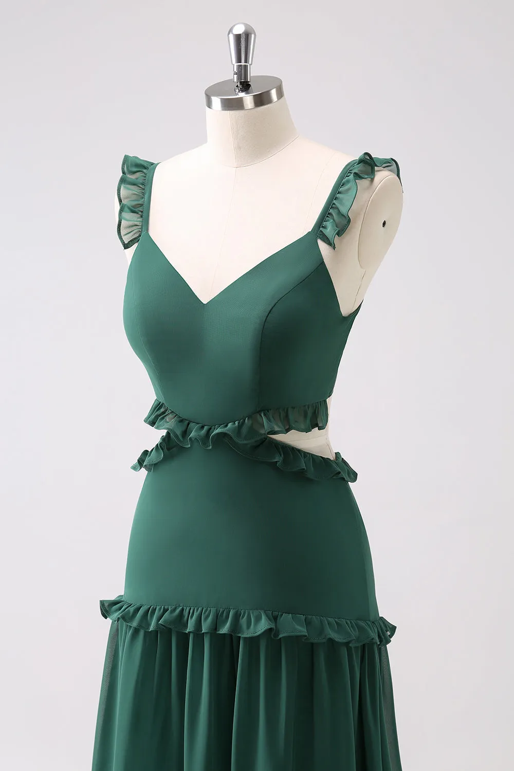 Dark Green A Line Hollow Out Ruffled Maxi Bridesmaid Dress