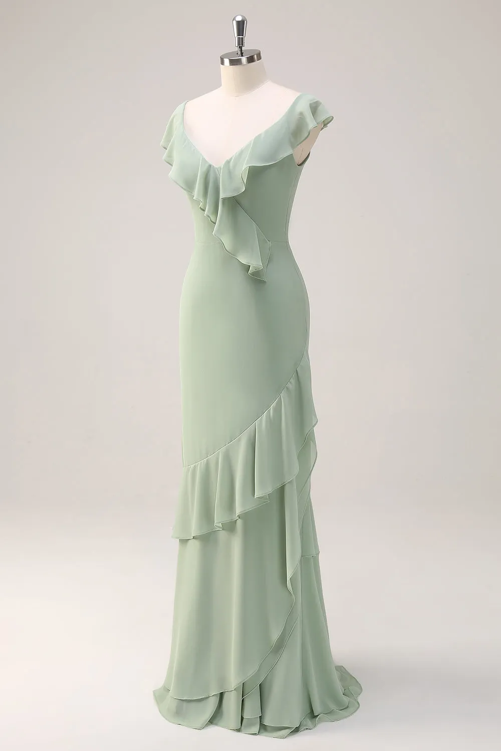 Dusty Sage V Neck Ruffled Sheath Bridesmaid Dress