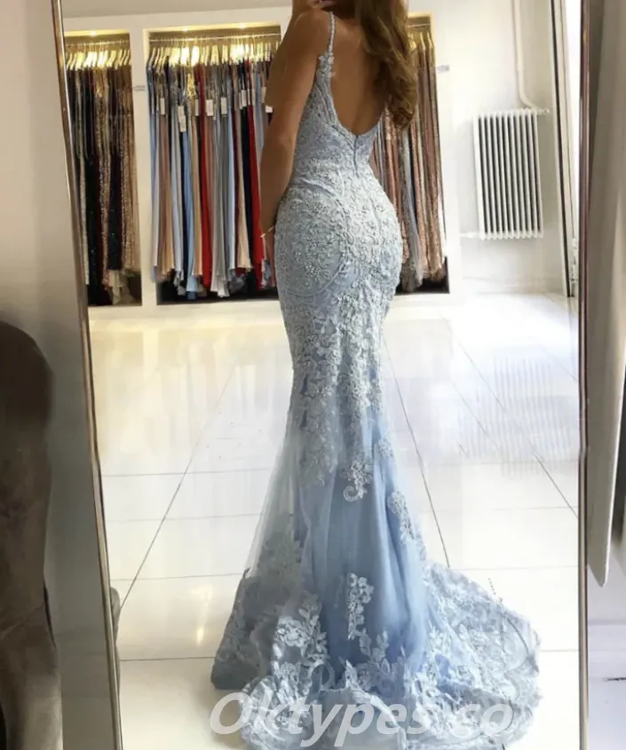 Elegant Blue Lace Spaghetti Straps Sleeveless Mermaid Long Prom Dresses,PDS0438