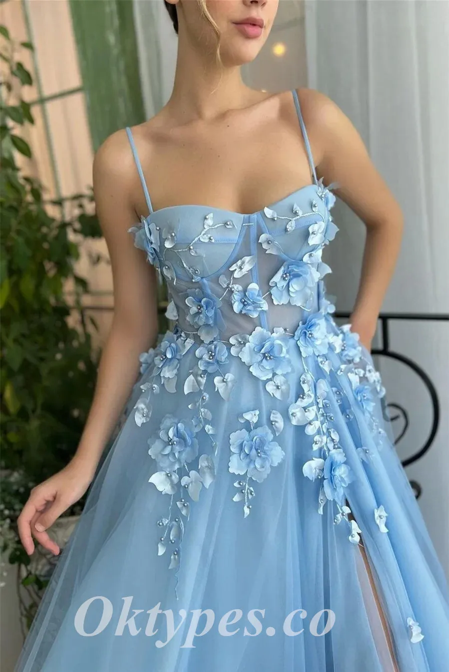 Elegant Blue Tulle Spaghetti Straps Side Slit A-Line Long Prom Dresses With Applique,PDS0730