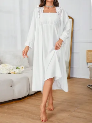 Elegant Contrast Lace Bathrobe And Solid Color Cami Dress Simple Pajama Set