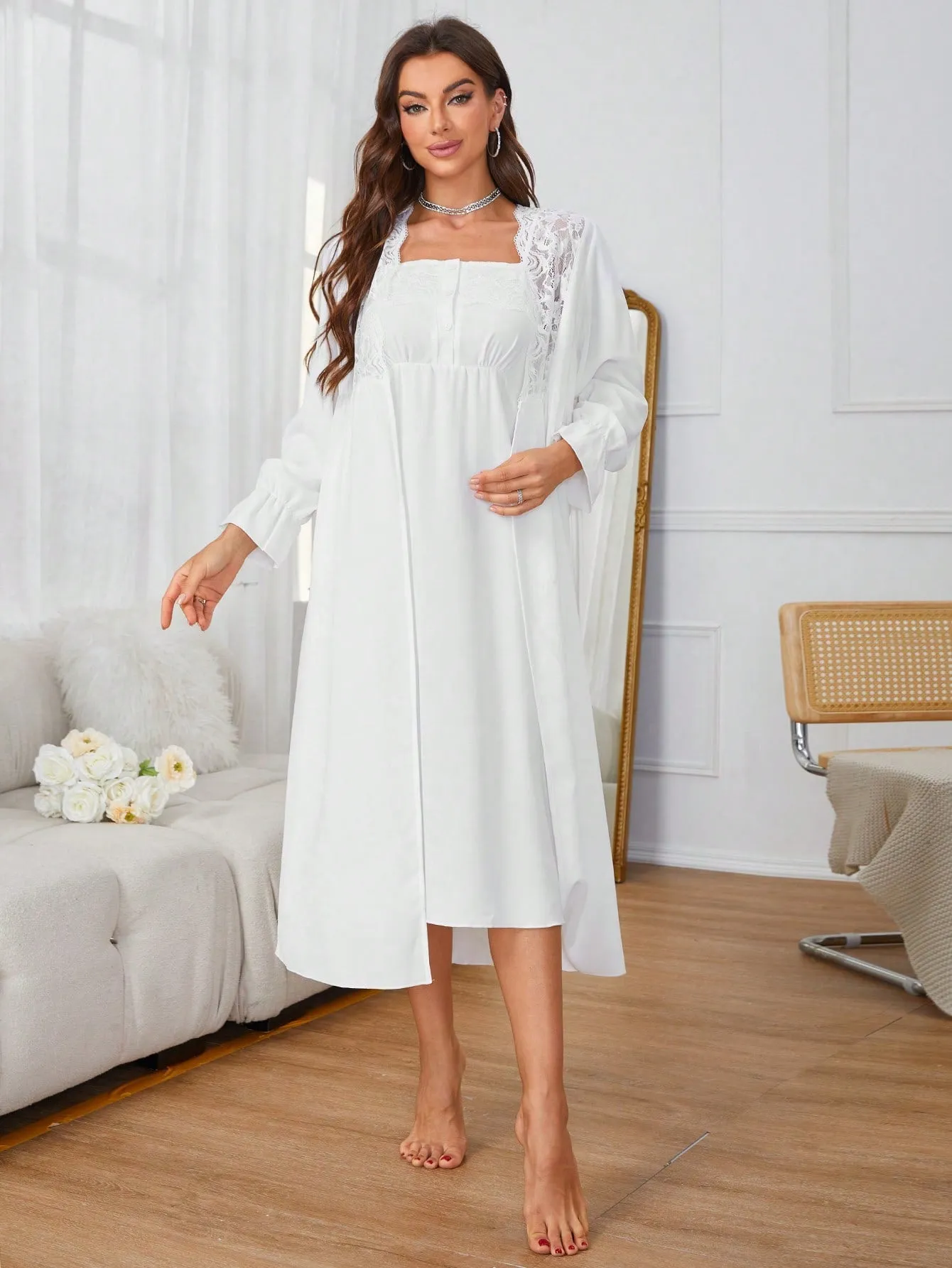 Elegant Contrast Lace Bathrobe And Solid Color Cami Dress Simple Pajama Set