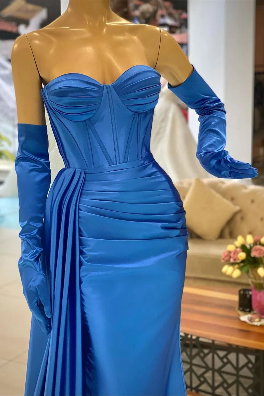 Elegant Sweetheart Simple Blue Long Mermaid Prom Dress With Gloves