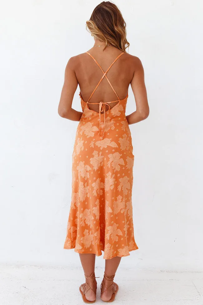 Floral Cowl Neck High Slit Slip Midi Dress - Burnt Orange