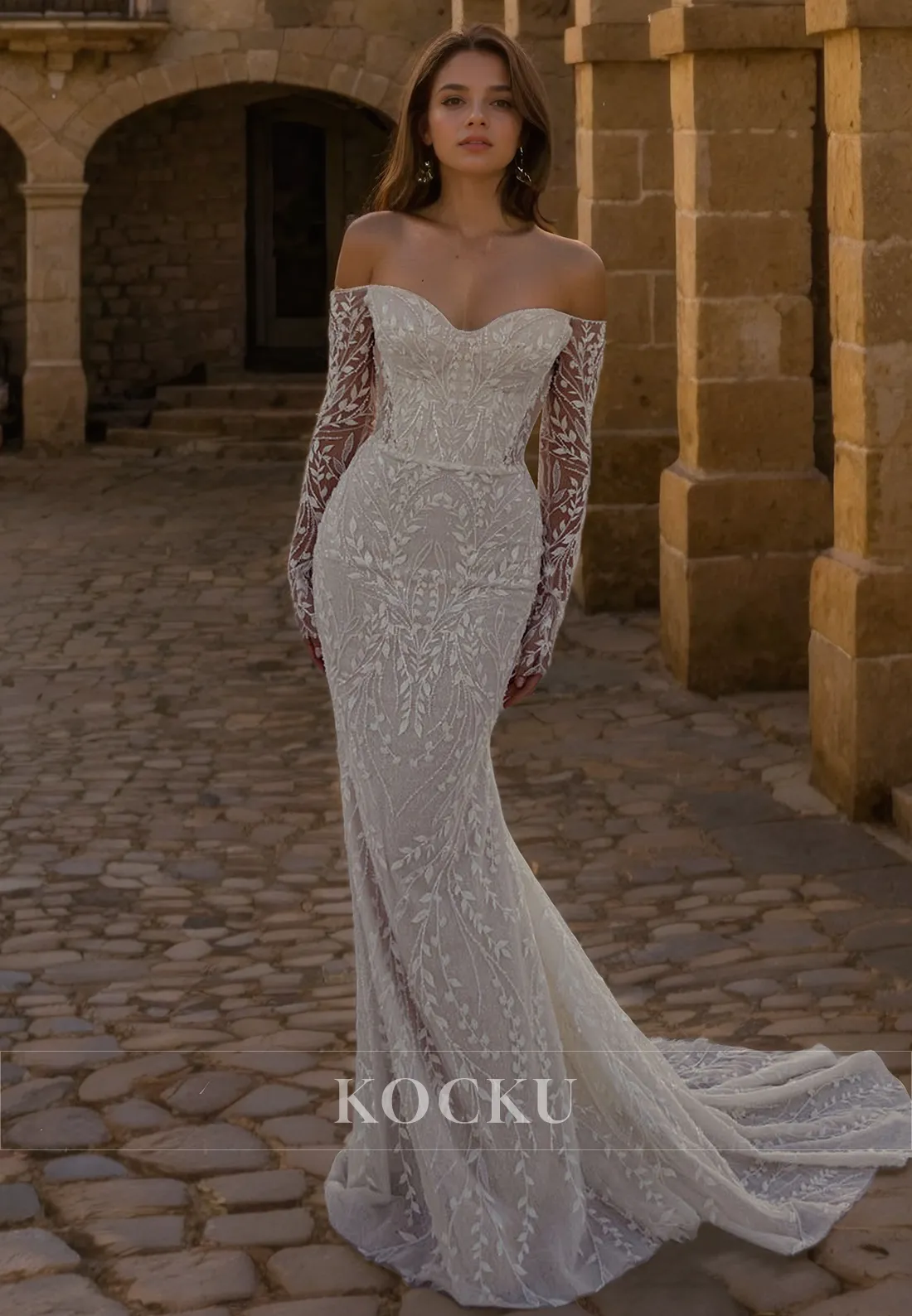 Glamorous & Dramatic Off-Shoulder Long sleeves Appliques Mermaid Wedding Dress