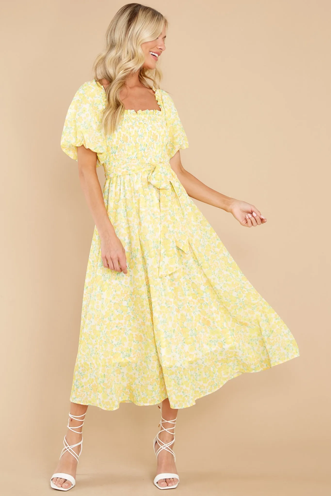 Grow Freely Yellow Floral Print Midi Dress