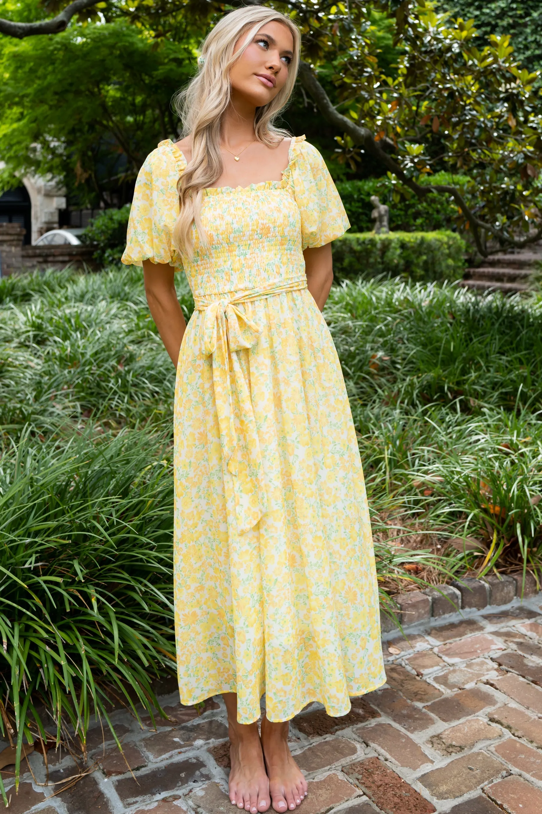 Grow Freely Yellow Floral Print Midi Dress