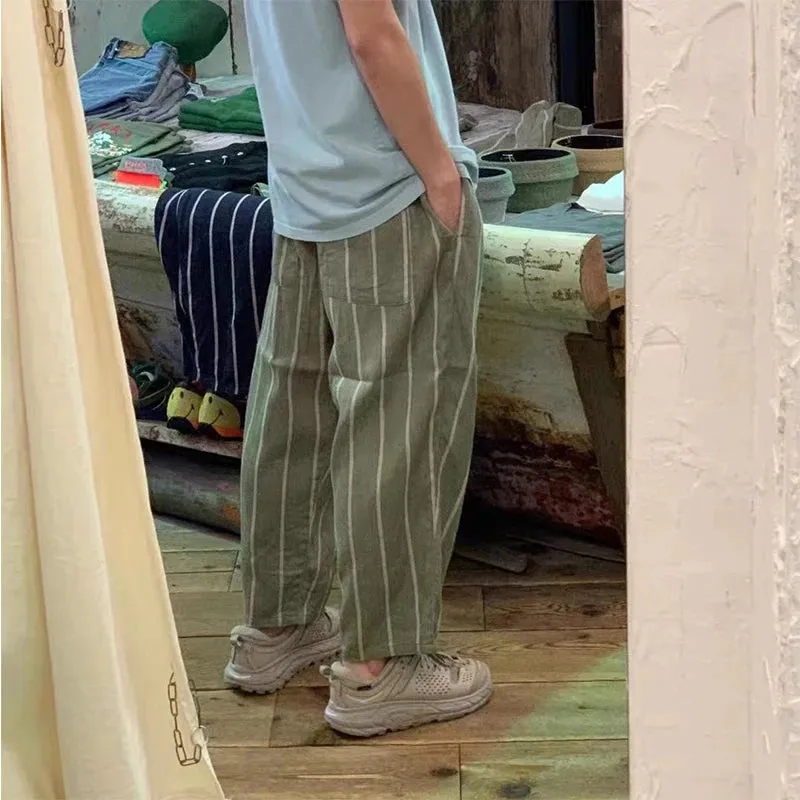 Japanese Style Two-color Cotton Linen Stripe Loose Pants