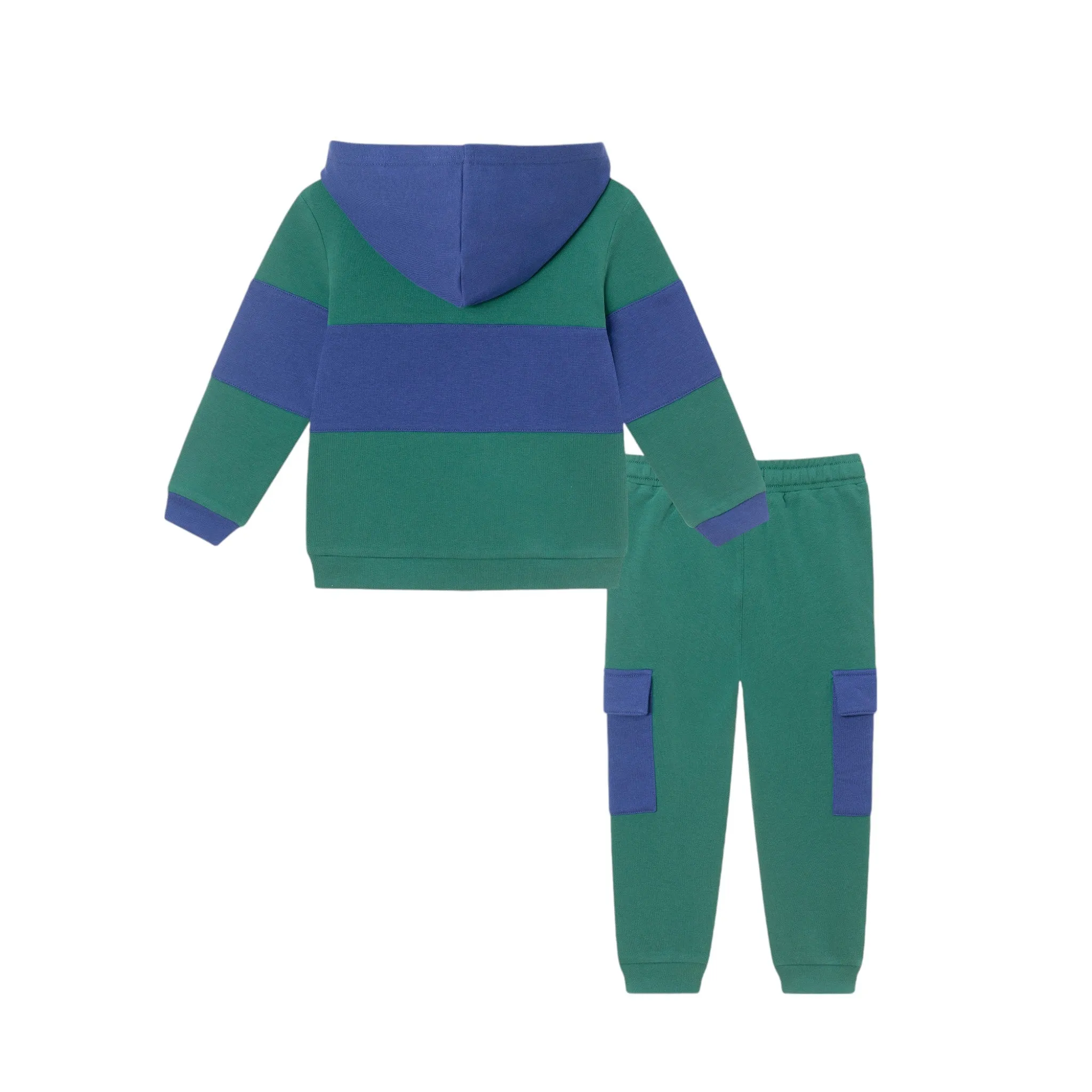 Kids Navy & Green Color Blocked Terry Hoodie & Pant Set