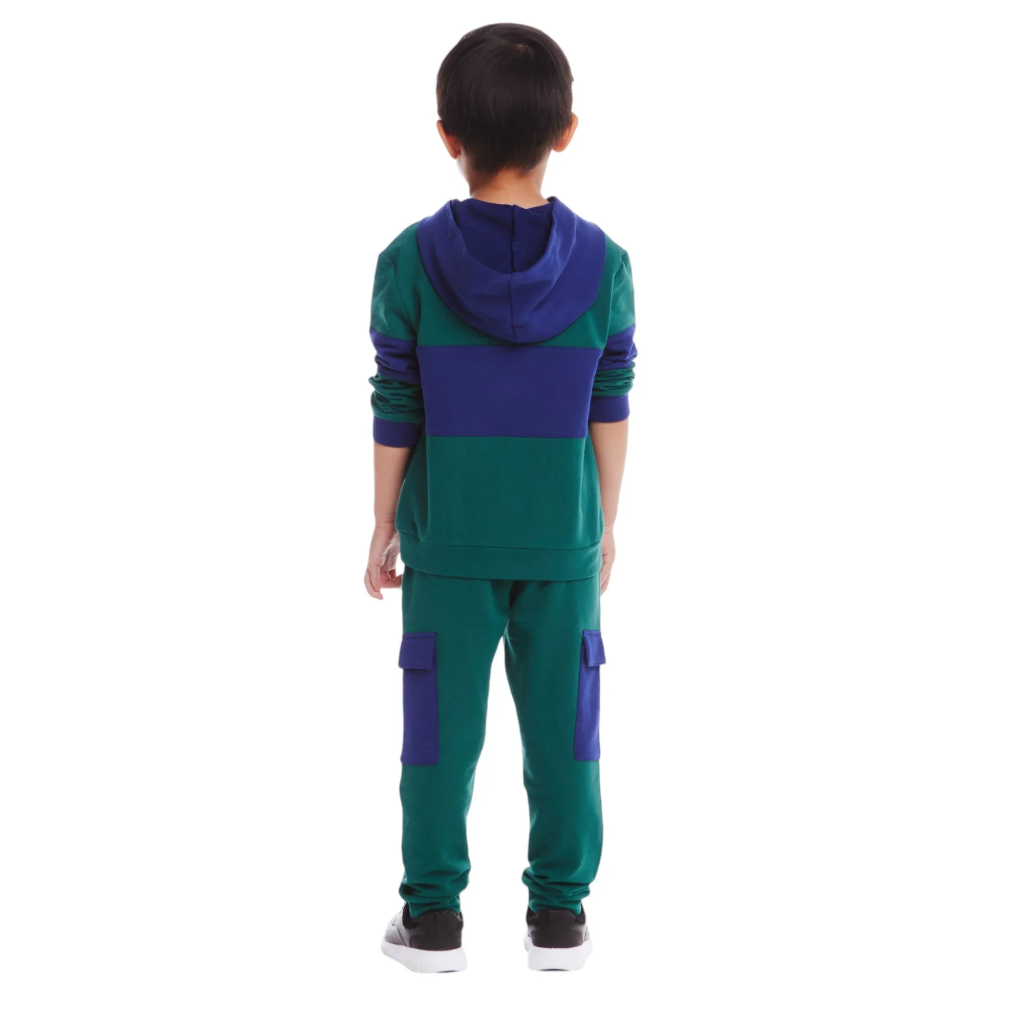 Kids Navy & Green Color Blocked Terry Hoodie & Pant Set