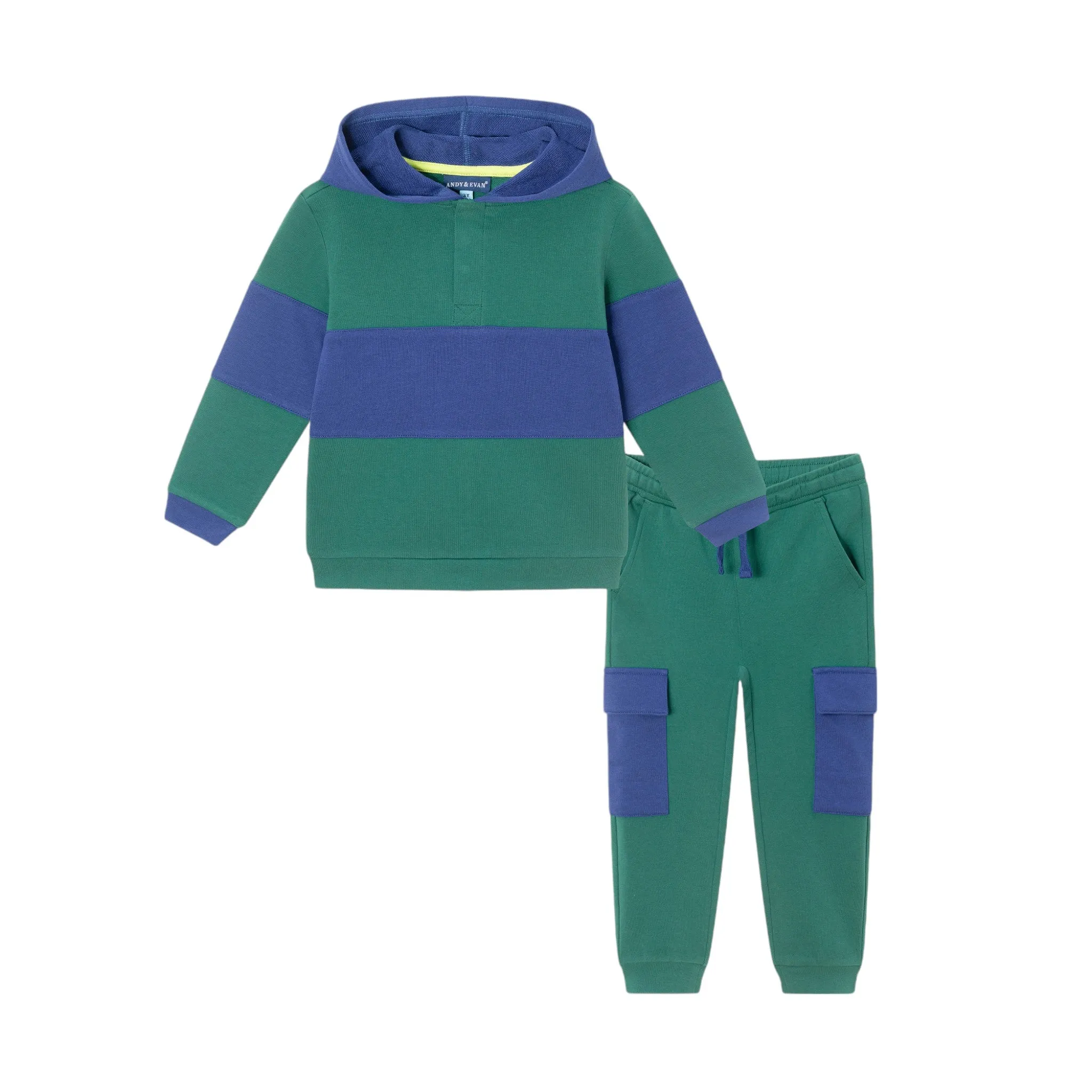 Kids Navy & Green Color Blocked Terry Hoodie & Pant Set