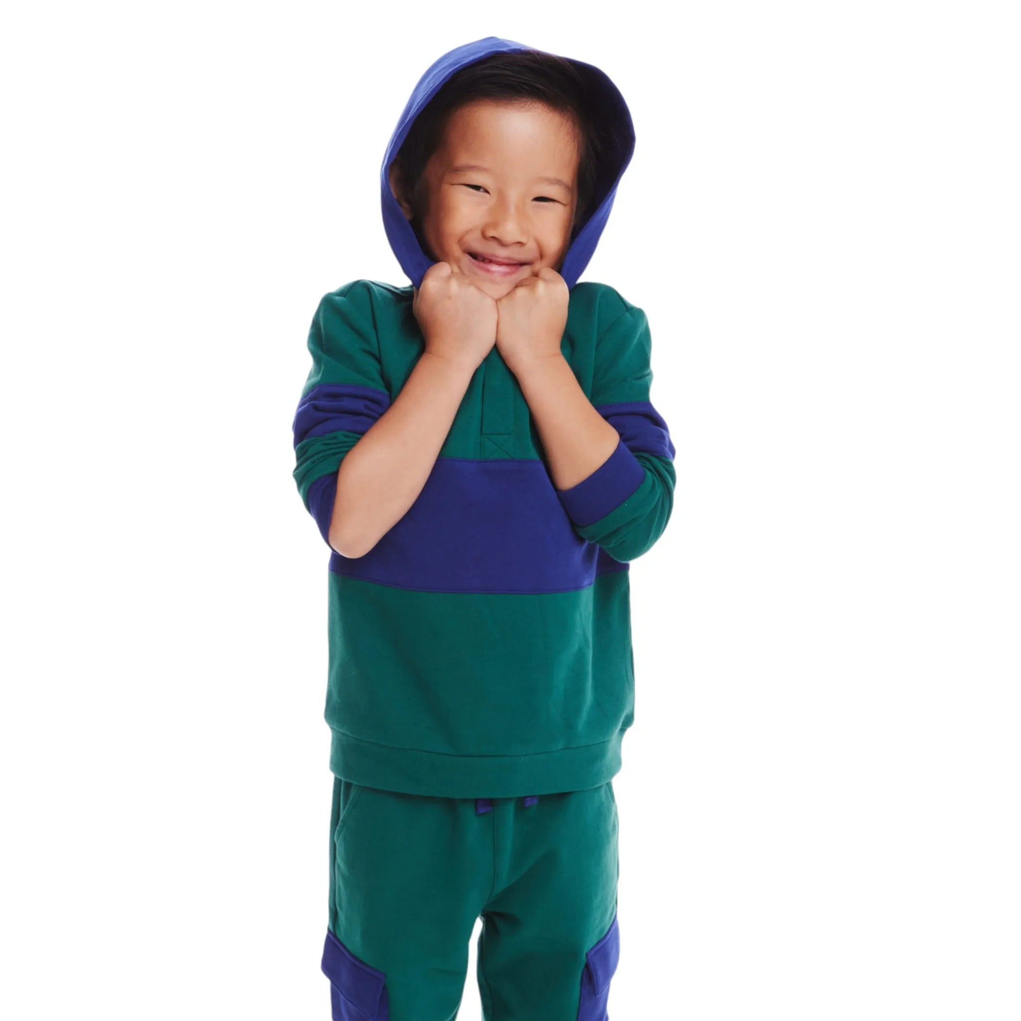 Kids Navy & Green Color Blocked Terry Hoodie & Pant Set