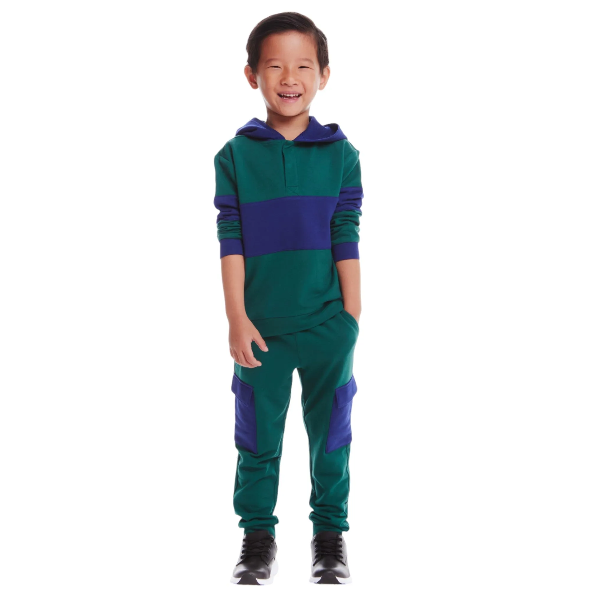 Kids Navy & Green Color Blocked Terry Hoodie & Pant Set