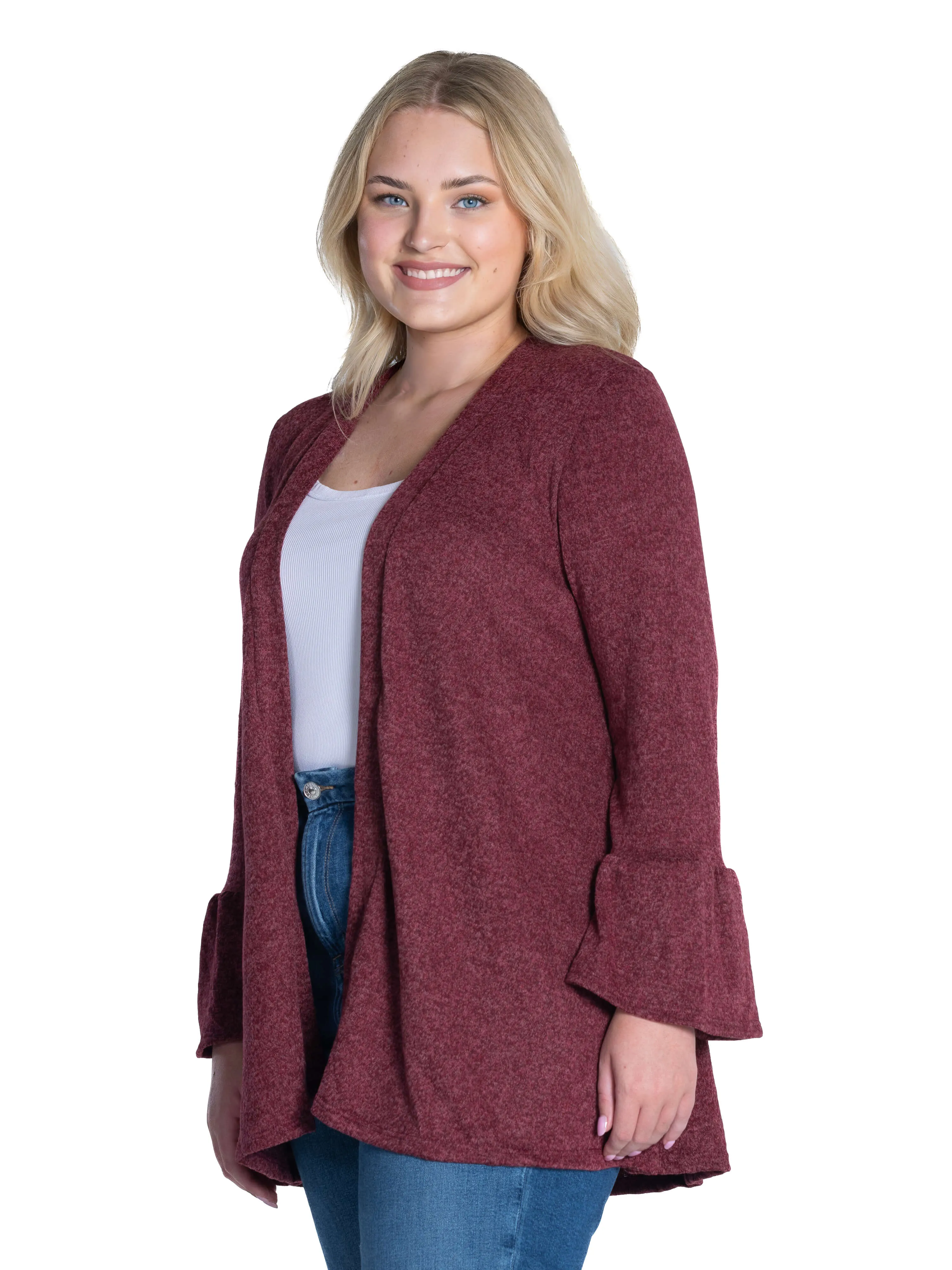 Knit Bell Sleeve Plus Size Open Cardigan