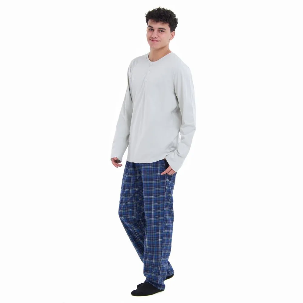 Men Fall Pajama Set Light Grey Buttoned Sweatshirt   Dark blue x Light grey checkered Pants