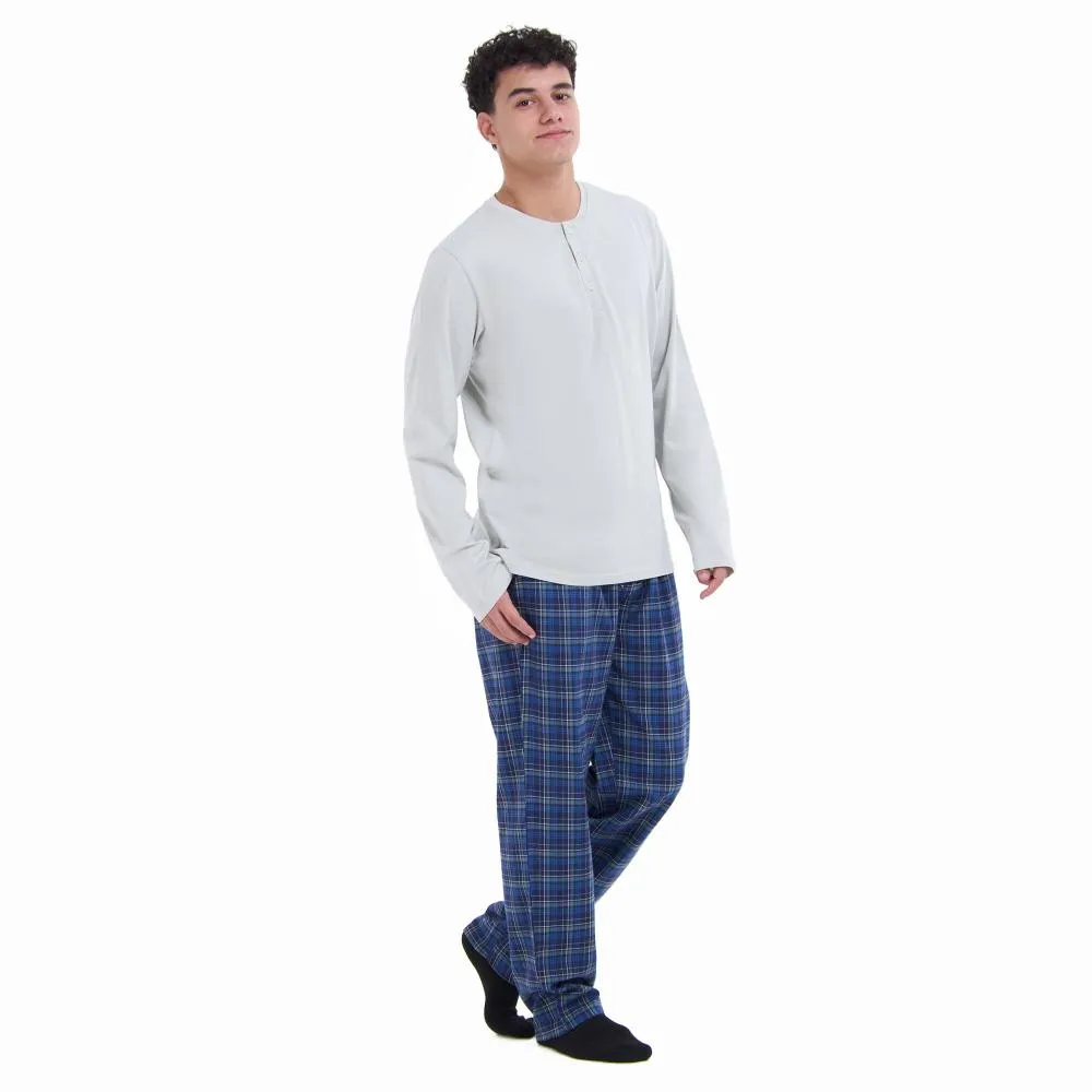 Men Fall Pajama Set Light Grey Buttoned Sweatshirt   Dark blue x Light grey checkered Pants