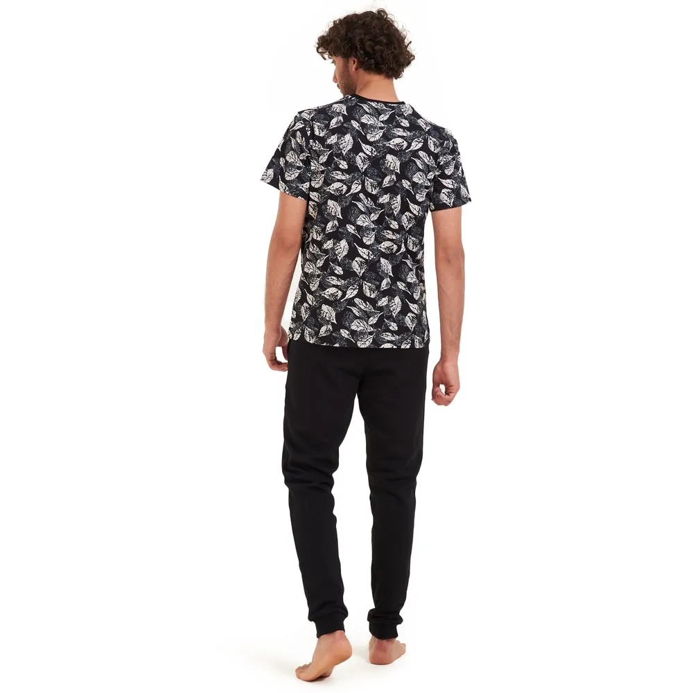 Men summer pajama set White leaves T-shirt  Black pants