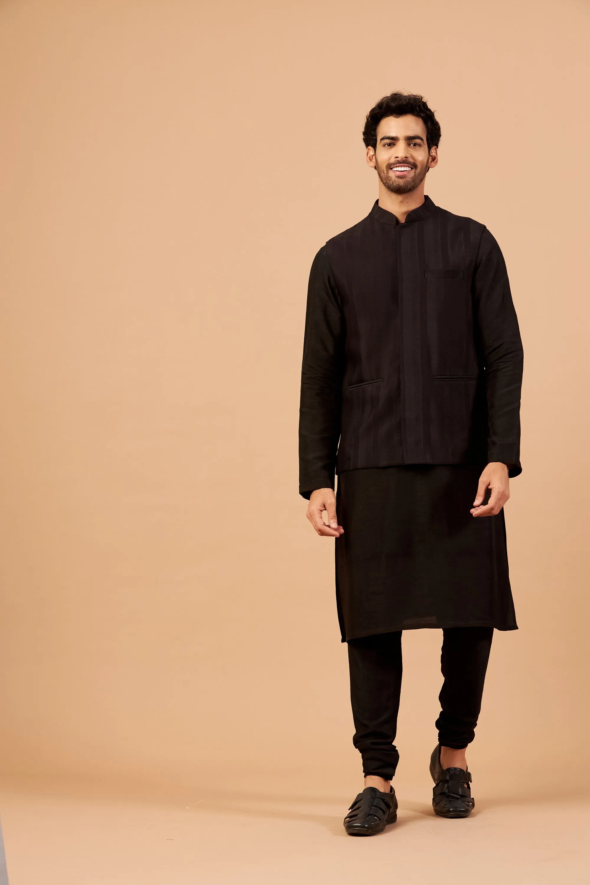 Men's Black Color Nehru Jacket With Kurta Pant Set - Hilo Design