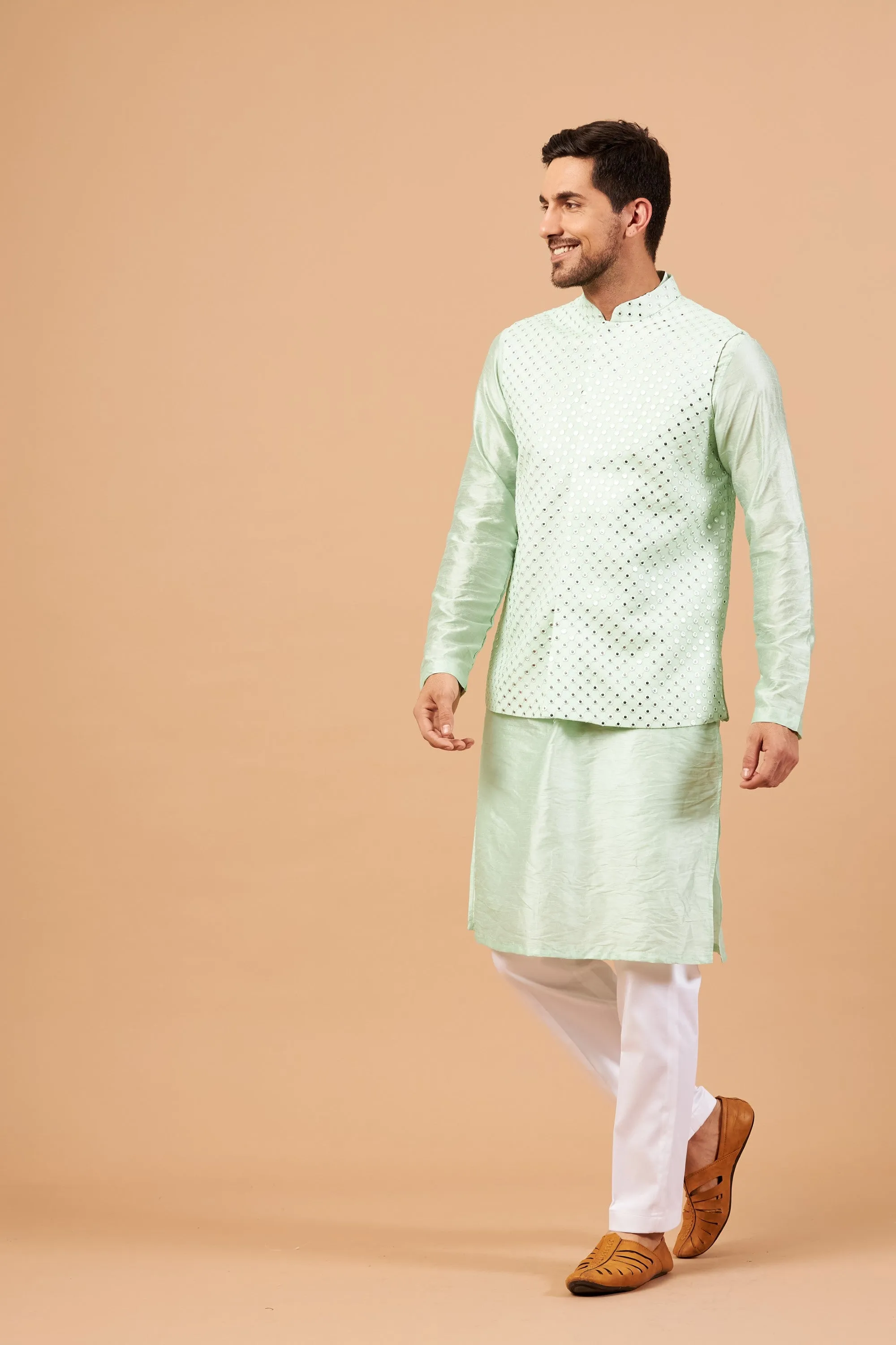 Men's Green Color Nehru Jacket With Kurta Pant Set - Hilo Design