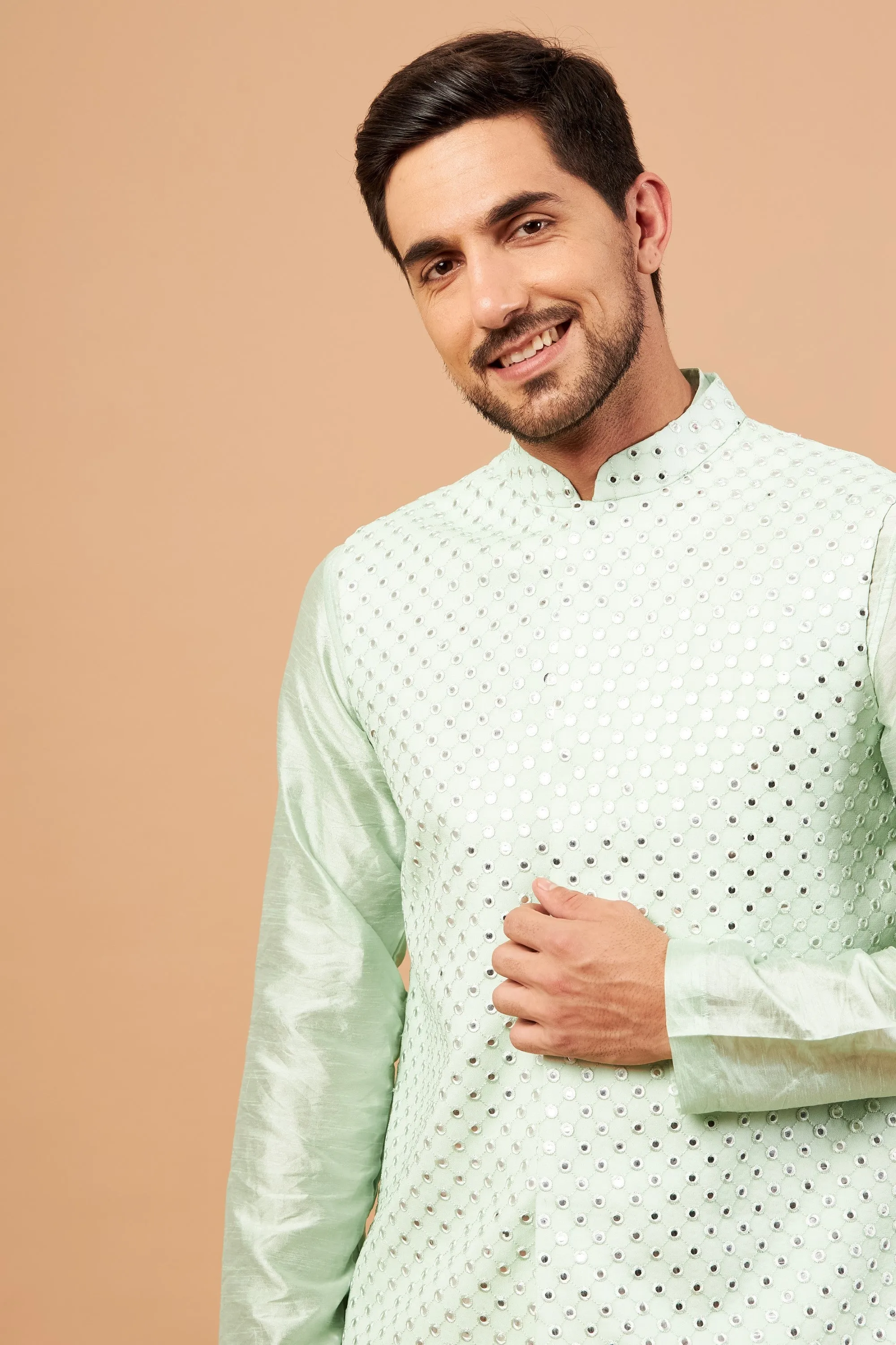 Men's Green Color Nehru Jacket With Kurta Pant Set - Hilo Design