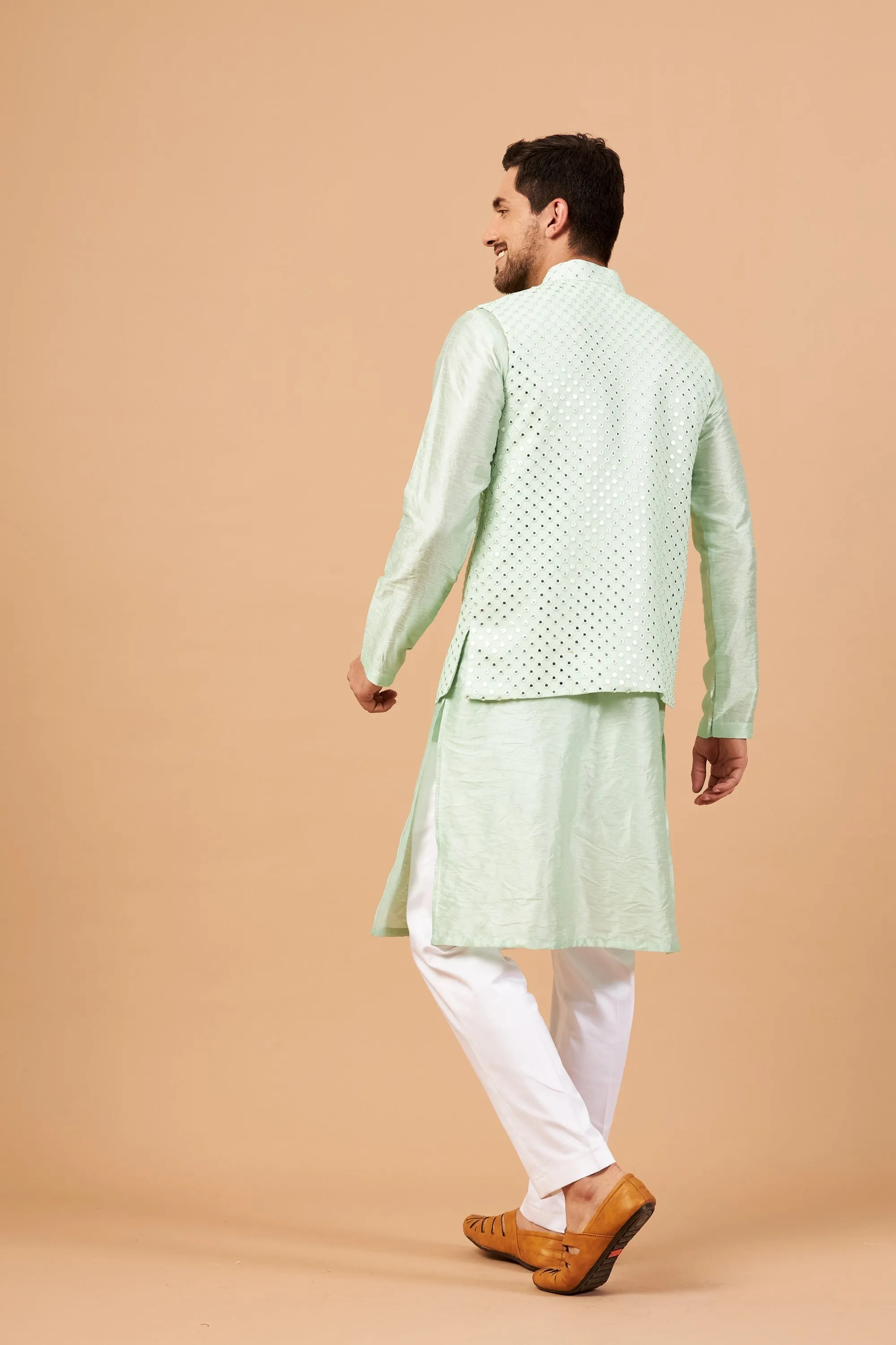 Men's Green Color Nehru Jacket With Kurta Pant Set - Hilo Design