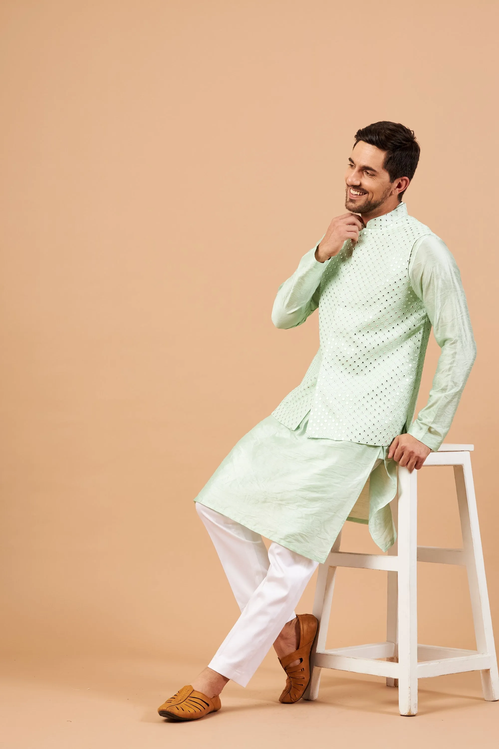 Men's Green Color Nehru Jacket With Kurta Pant Set - Hilo Design