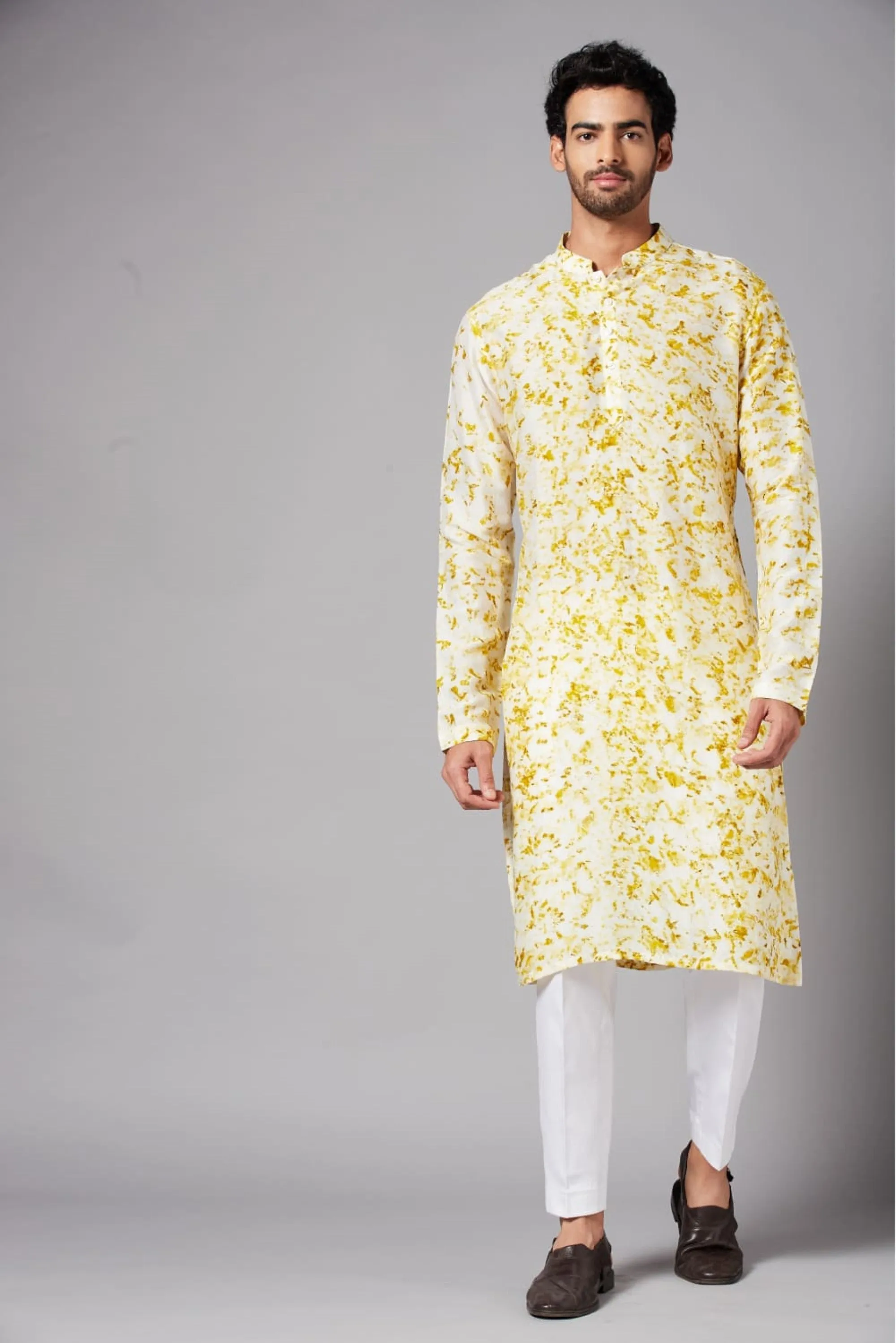 Men's Whity Natural Dye Kurta With Crop Pants Coord Set (Marigold Dried Flowers ) - Hilo Design