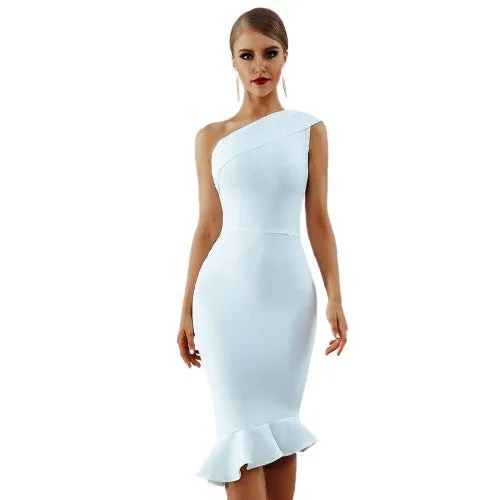 One Shoulder Sleeveless Ruffles Design Bodycon Stylish Dresses For Women