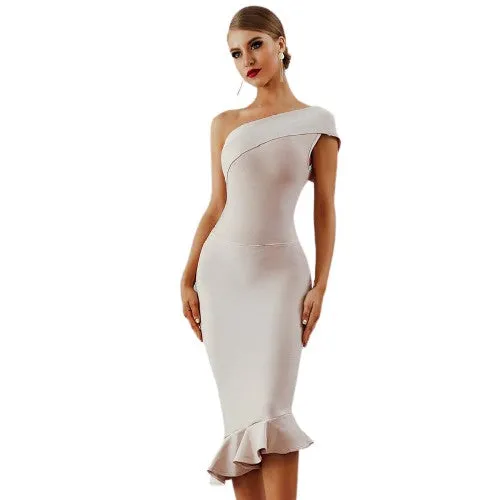 One Shoulder Sleeveless Ruffles Design Bodycon Stylish Dresses For Women