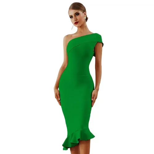 One Shoulder Sleeveless Ruffles Design Bodycon Stylish Dresses For Women