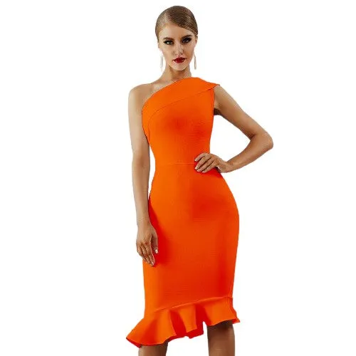 One Shoulder Sleeveless Ruffles Design Bodycon Stylish Dresses For Women