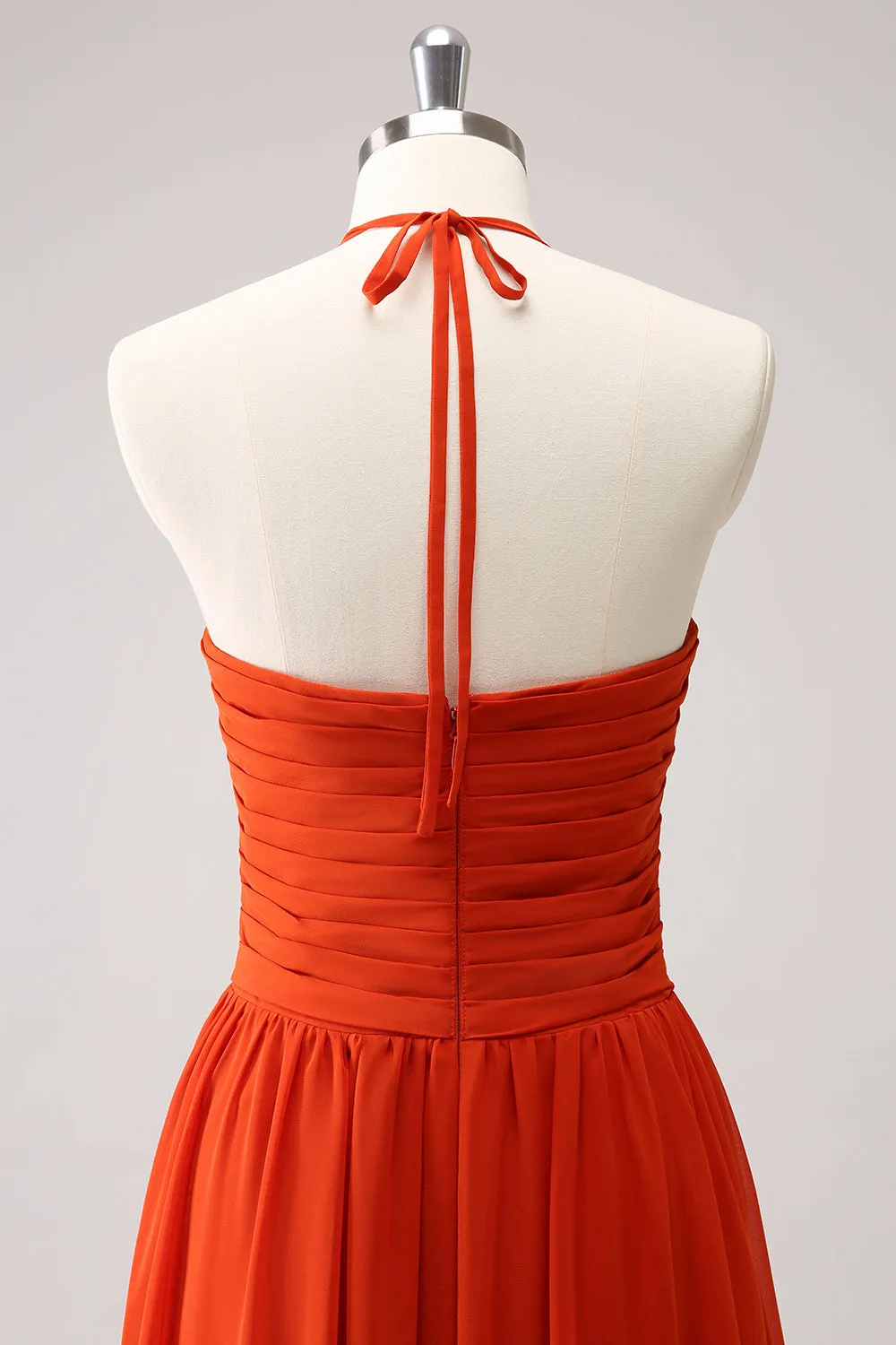 Orange Halter Ruched A Line Maxi Bridesmaid Dress